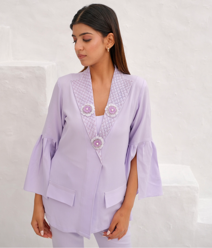 Lilac Embellished lapel collar co-ord set