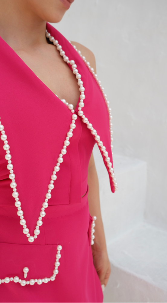 Beaded swallow tailed collar top with mini skirt