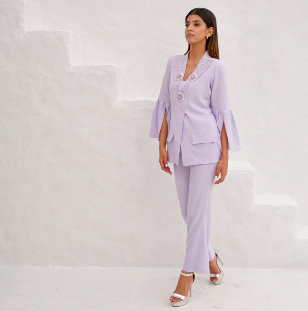 Lilac Embellished lapel collar co-ord set