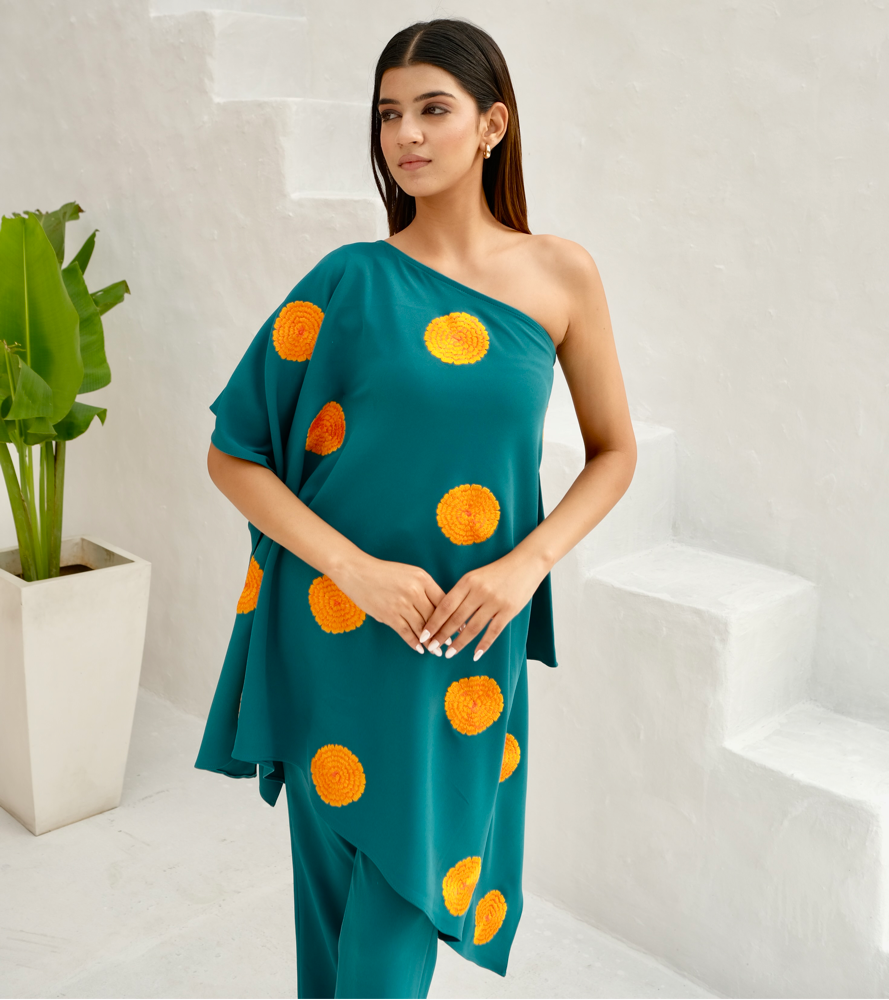 Teal green Floral embroidered kaftan co-ord set