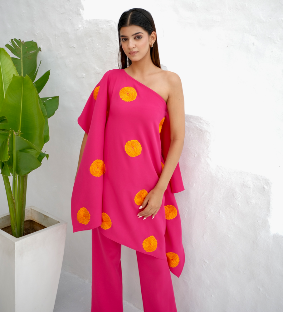 Pink Floral embroidered kaftan co-ord set