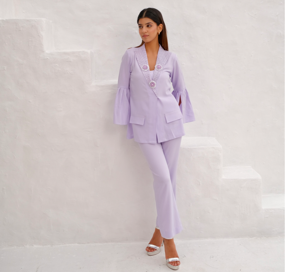 Lilac Embellished lapel collar co-ord set