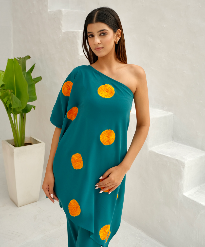 Teal green Floral embroidered kaftan co-ord set
