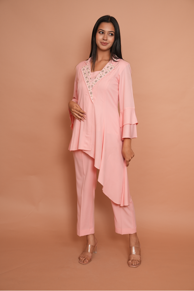 Asymmetrical plush pink set (indowestern)