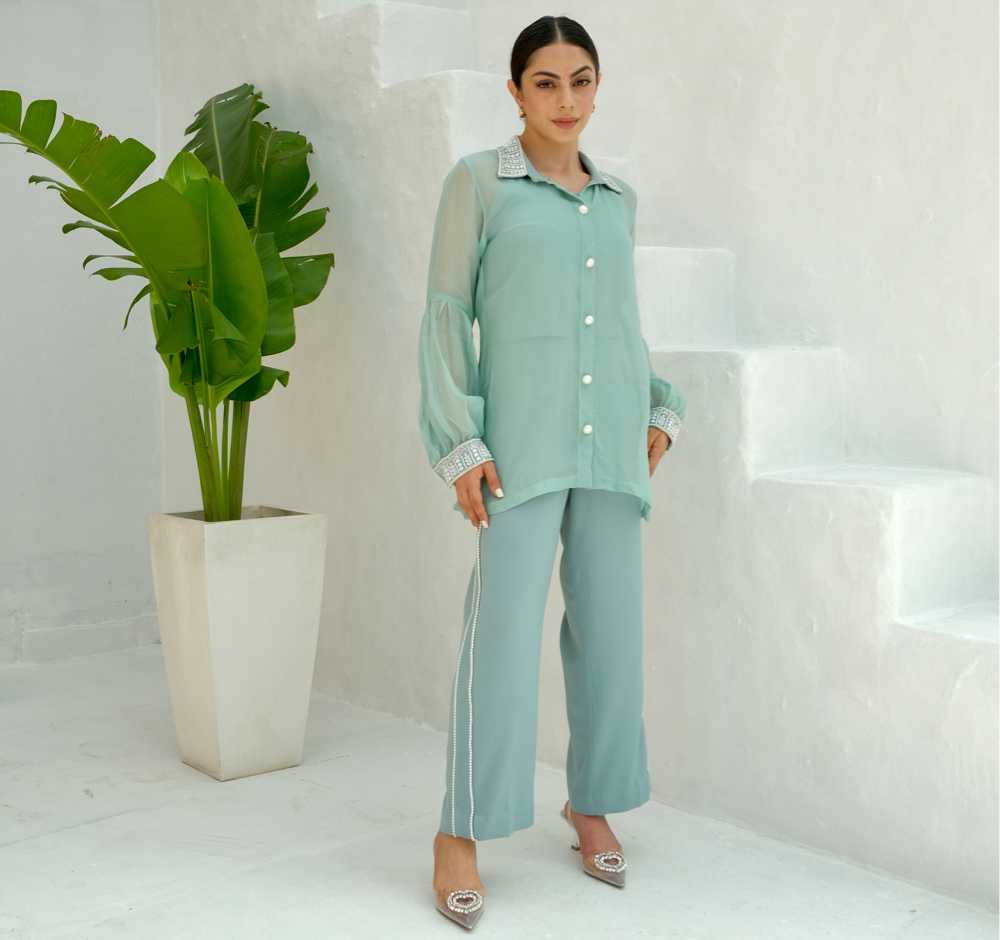 Embellished Shirt Collar co-ord set
