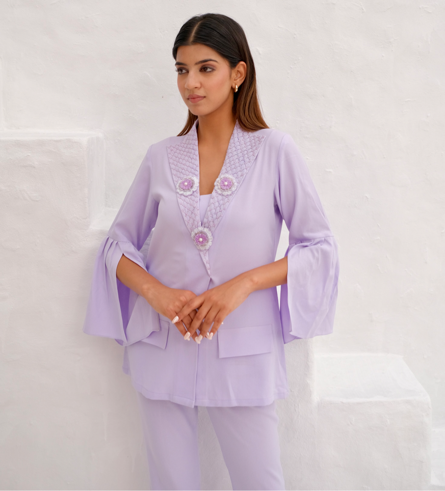 Lilac Embellished lapel collar co-ord set