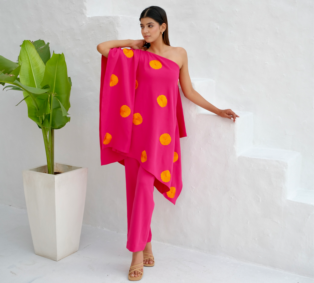 Pink Floral embroidered kaftan co-ord set