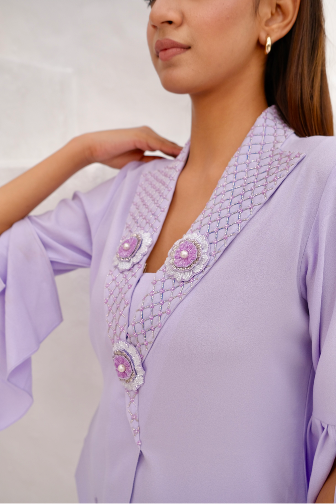 Lilac Embellished lapel collar co-ord set