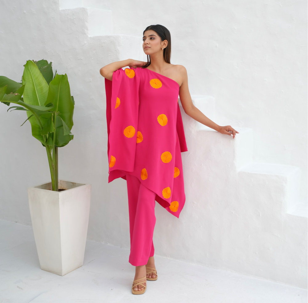 Pink Floral embroidered kaftan co-ord set