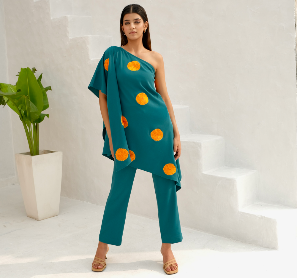 Teal green Floral embroidered kaftan co-ord set
