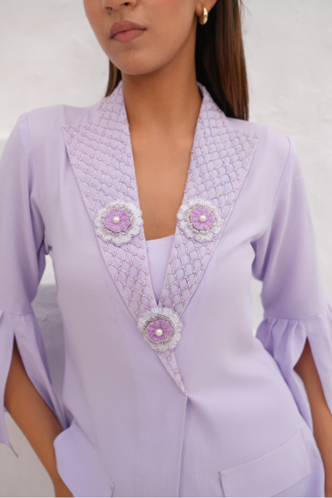 Lilac Embellished lapel collar co-ord set
