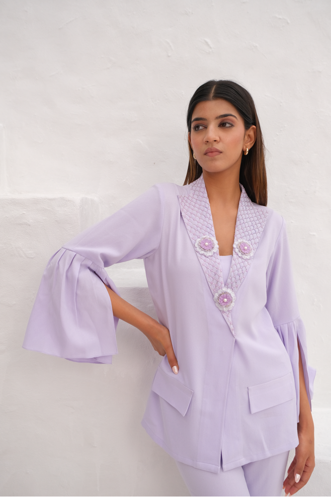 Lilac Embellished lapel collar co-ord set