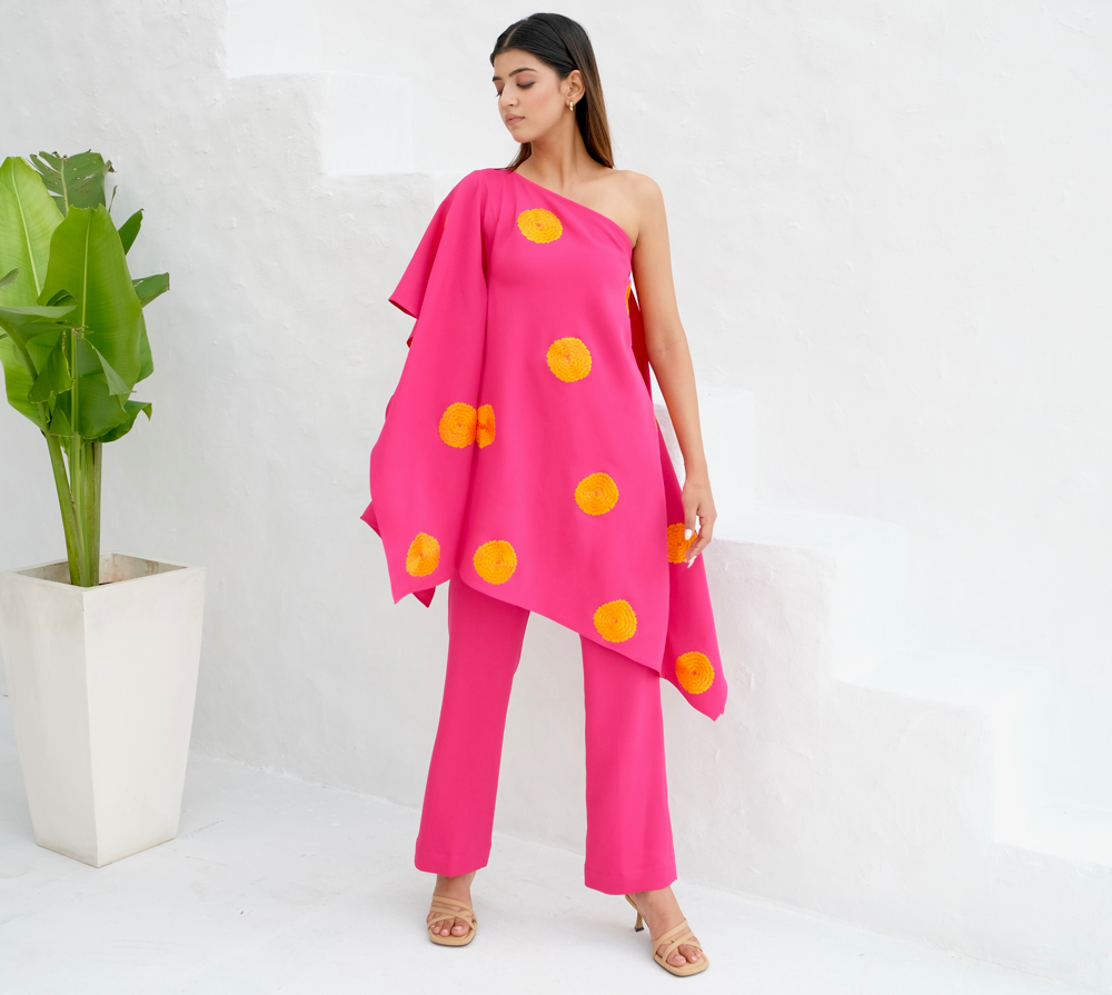 Pink Floral embroidered kaftan co-ord set