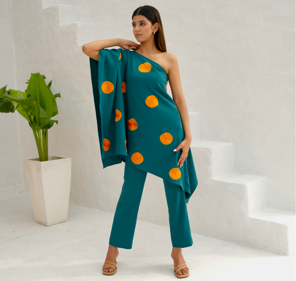Teal green Floral embroidered kaftan co-ord set