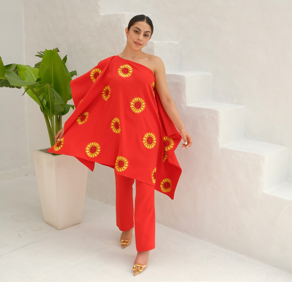Orange Floral embroidered kaftan co-ord set