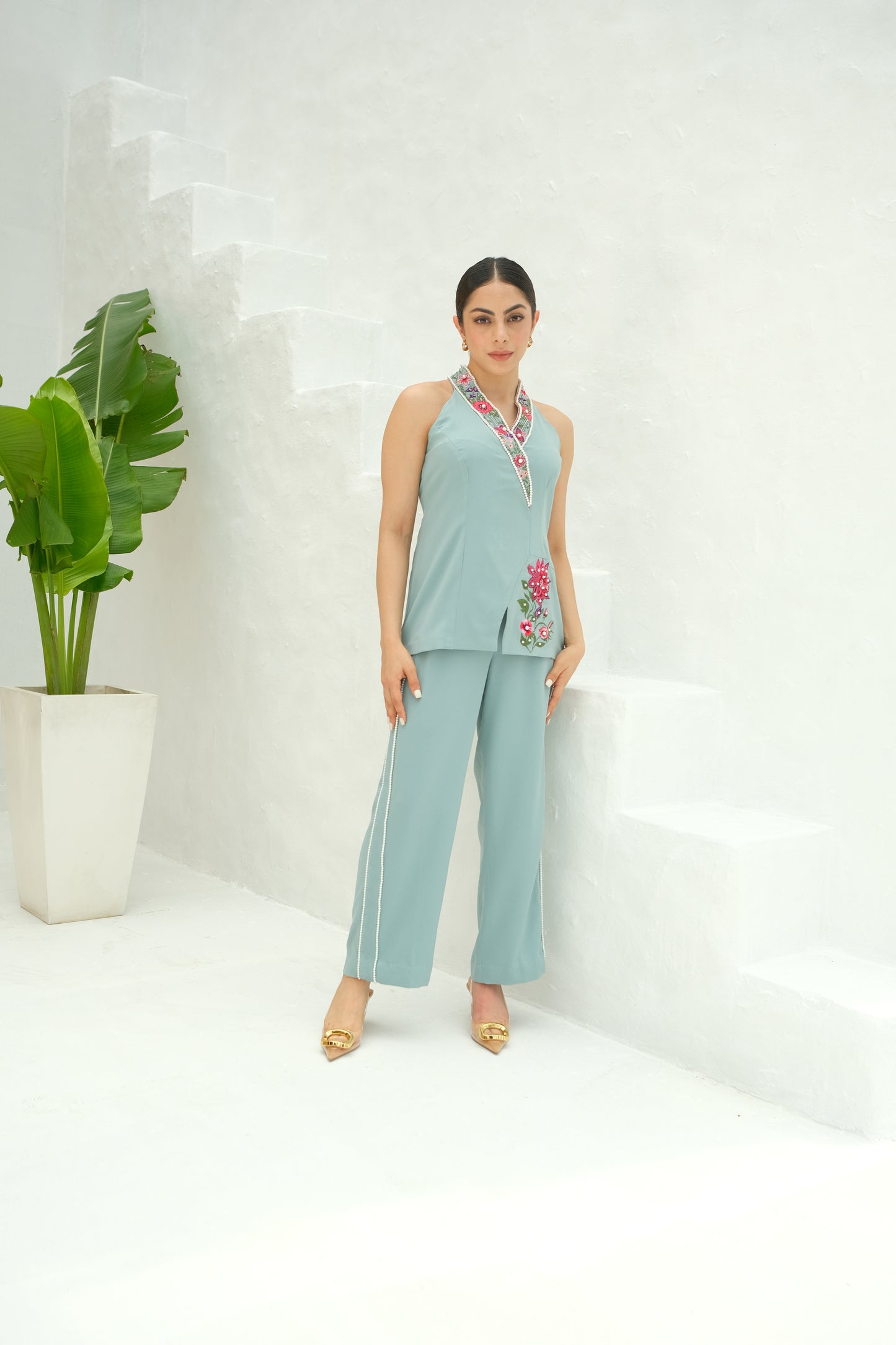 Shawl Embellished collar co-ord set