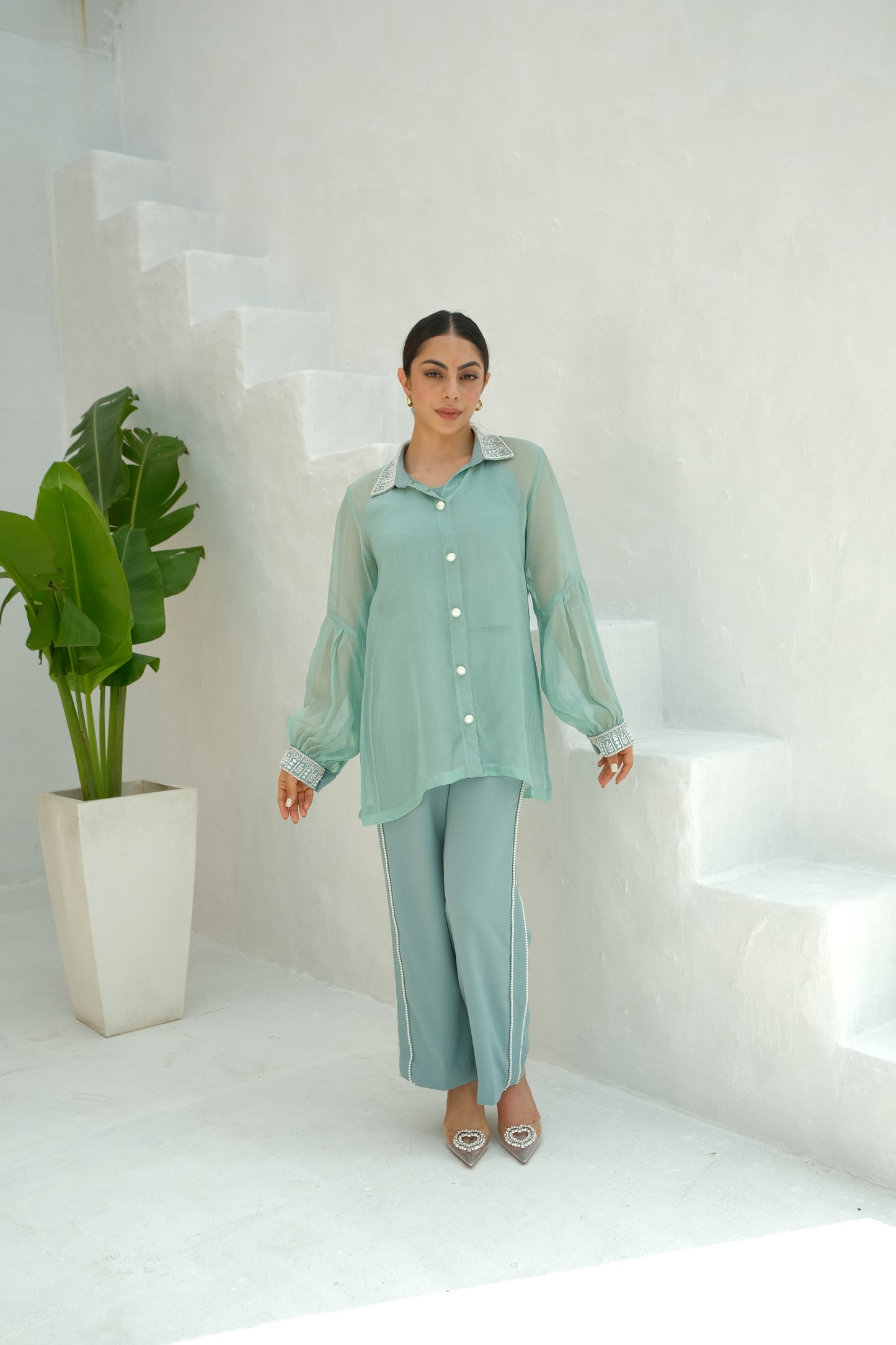Embellished Shirt Collar co-ord set