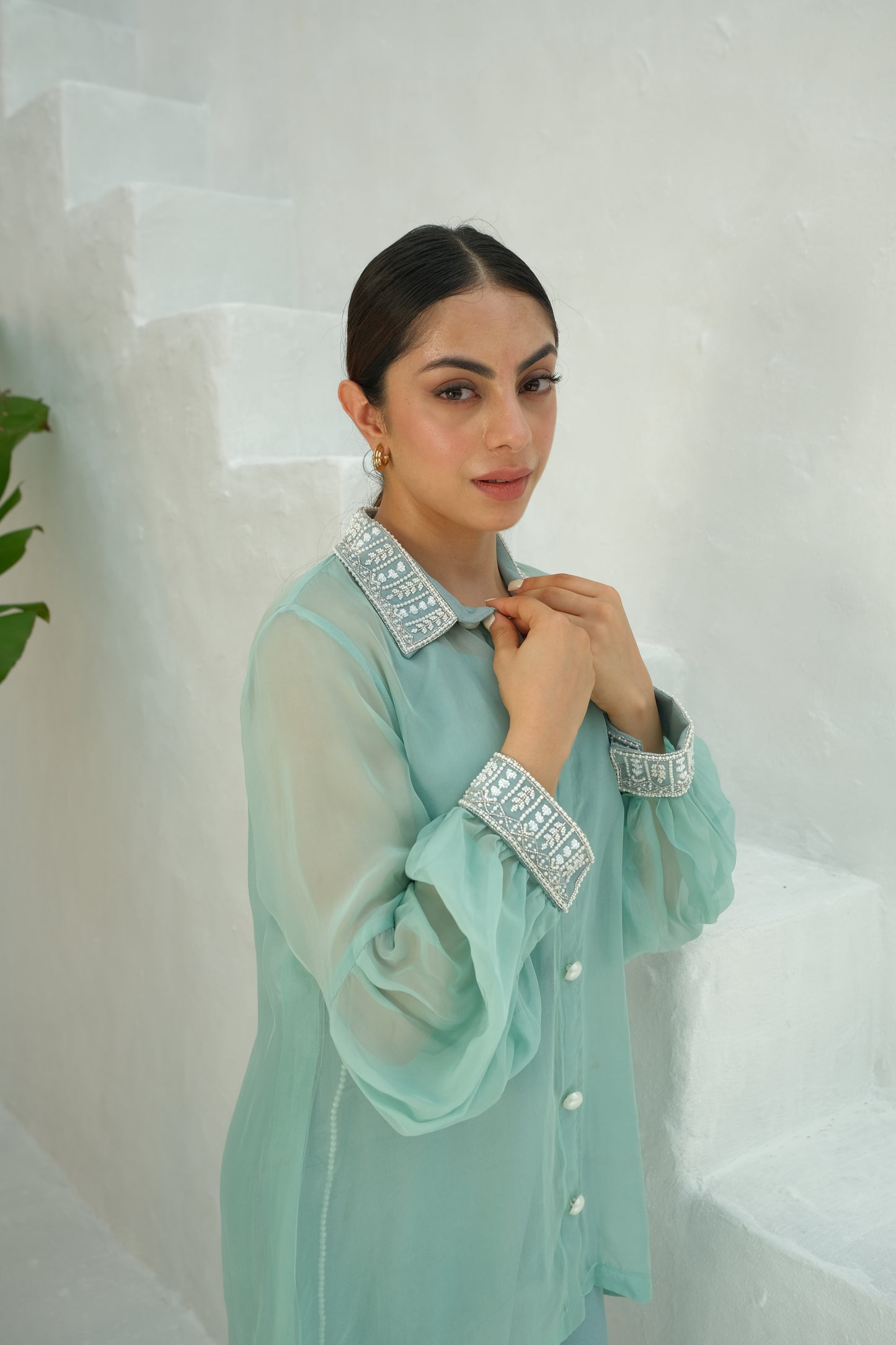 Embellished Shirt Collar co-ord set