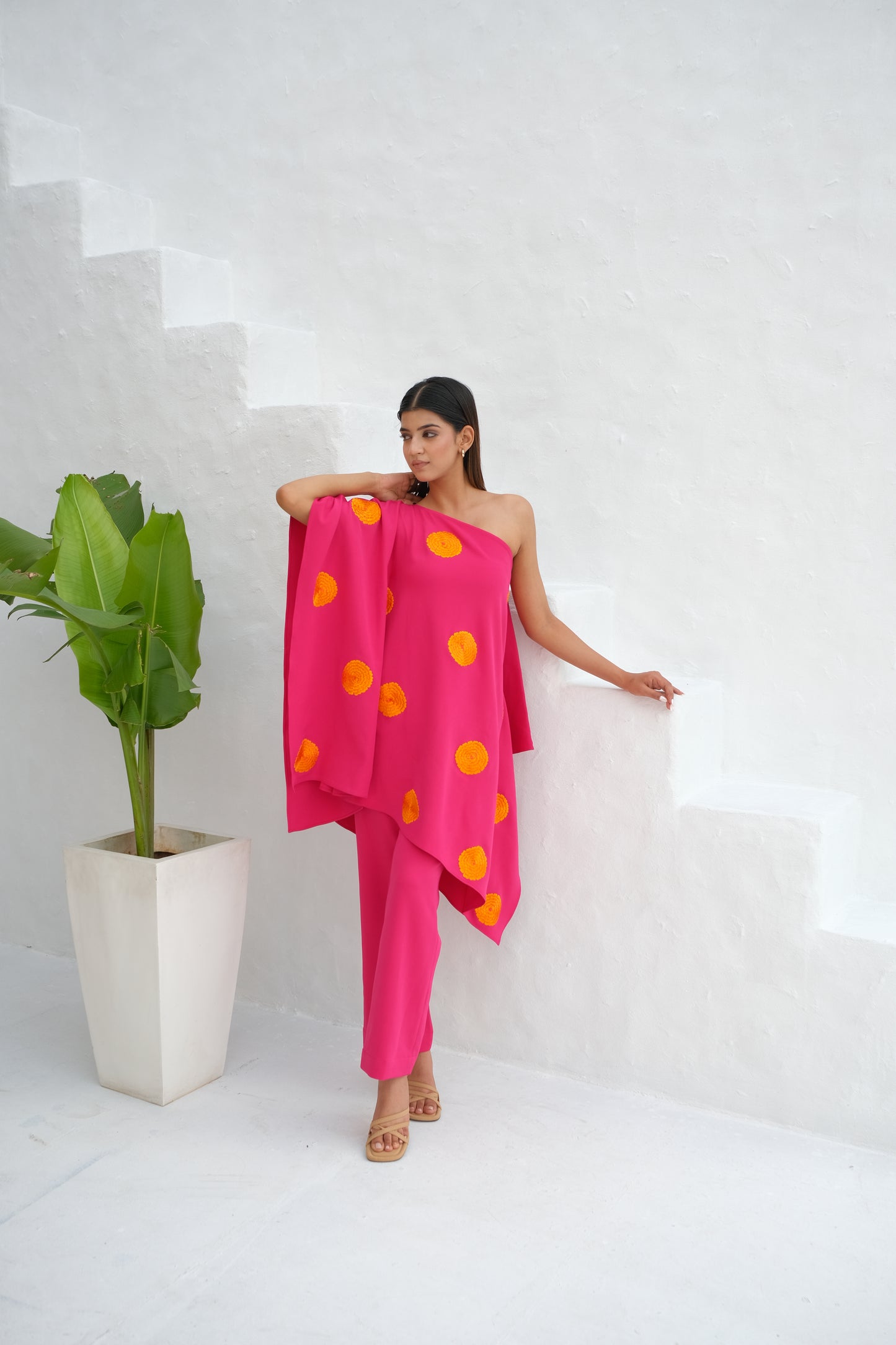 Pink Floral embroidered kaftan co-ord set