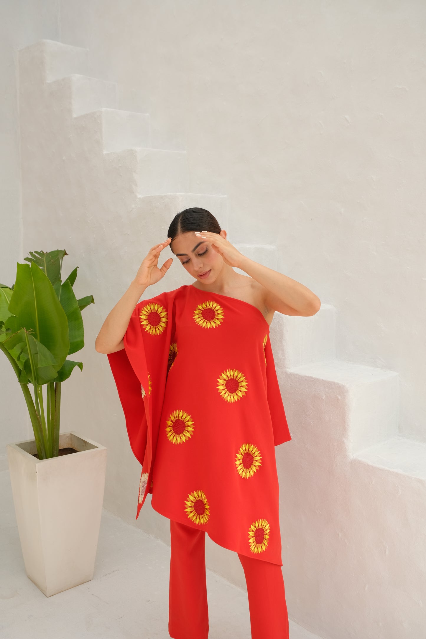 Orange Floral embroidered kaftan co-ord set