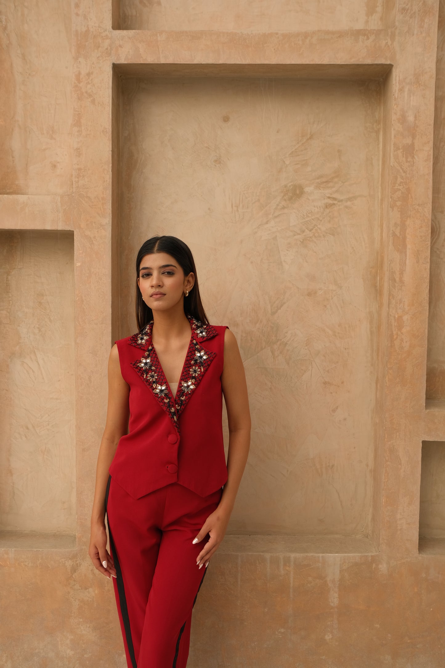 Embroidered Maroon collar co-ord set