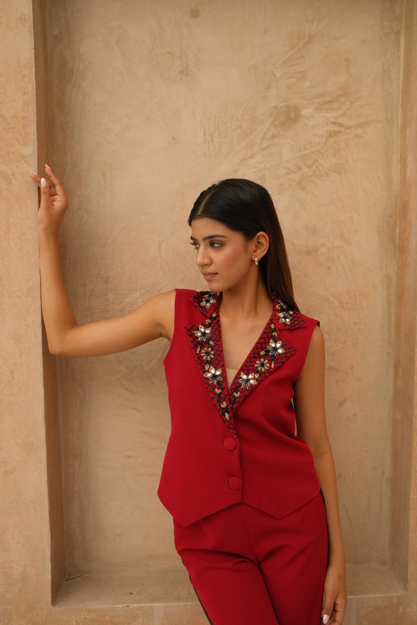Embroidered Maroon collar co-ord set