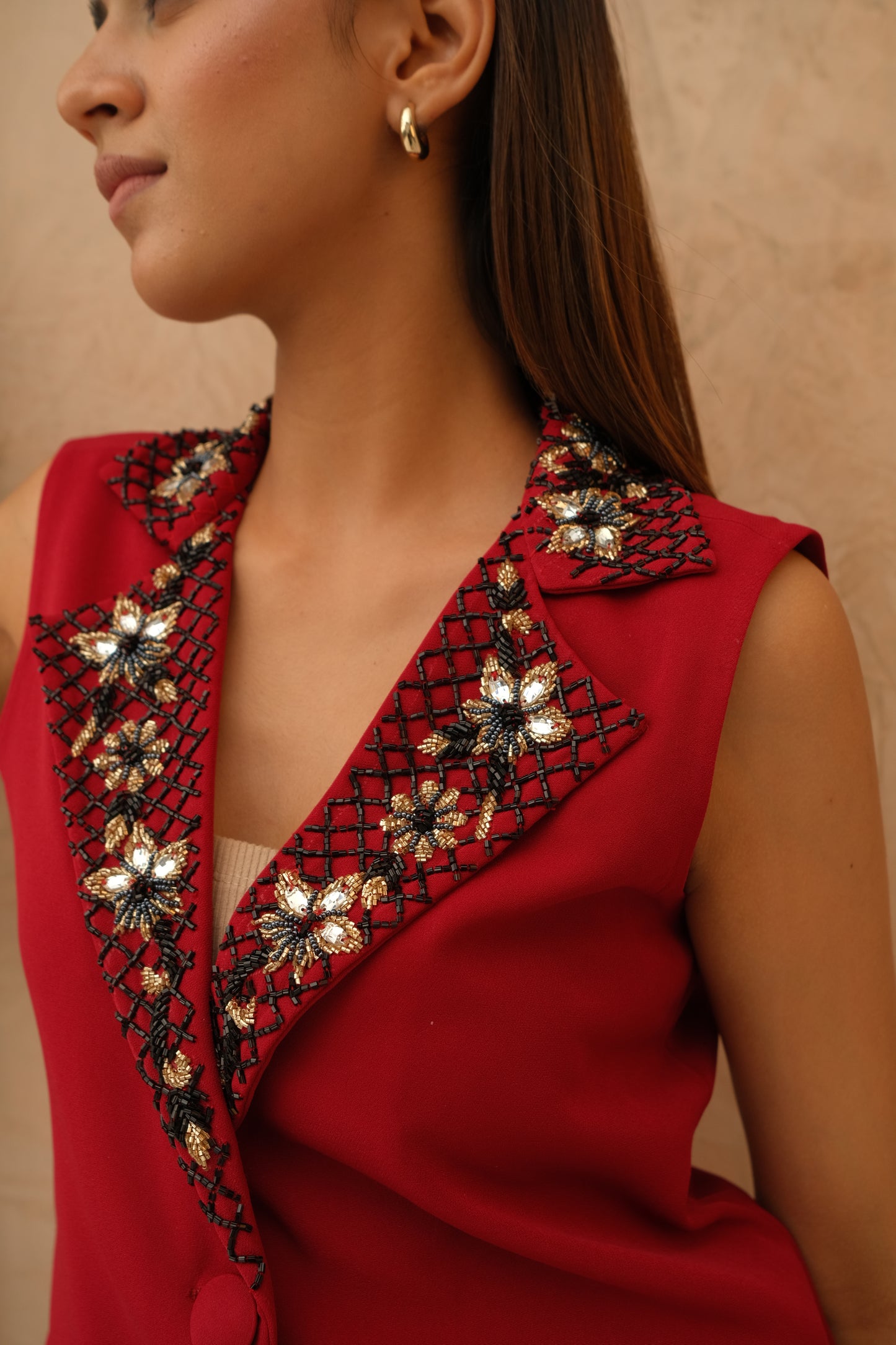 Embroidered Maroon collar co-ord set