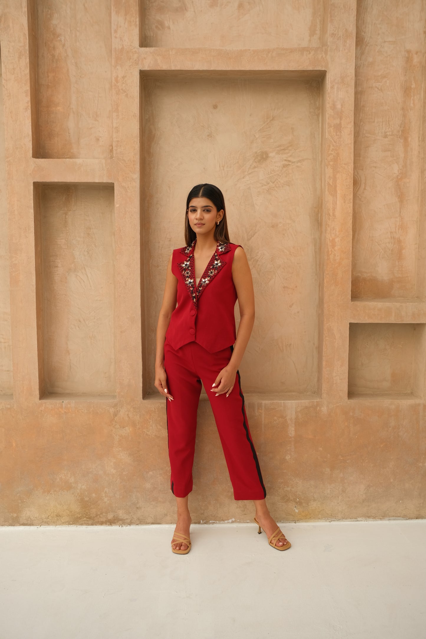 Embroidered Maroon collar co-ord set