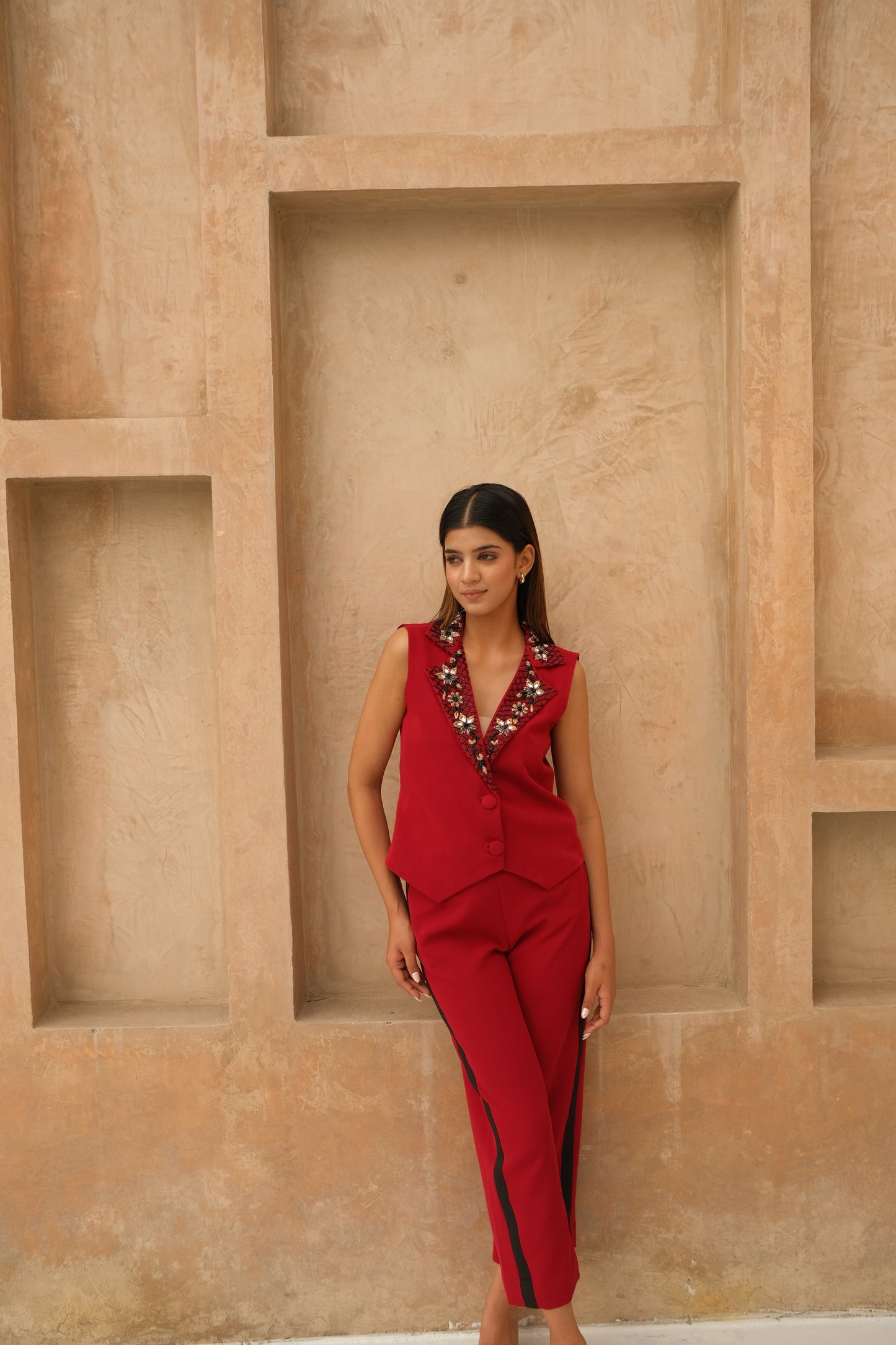 Embroidered Maroon collar co-ord set