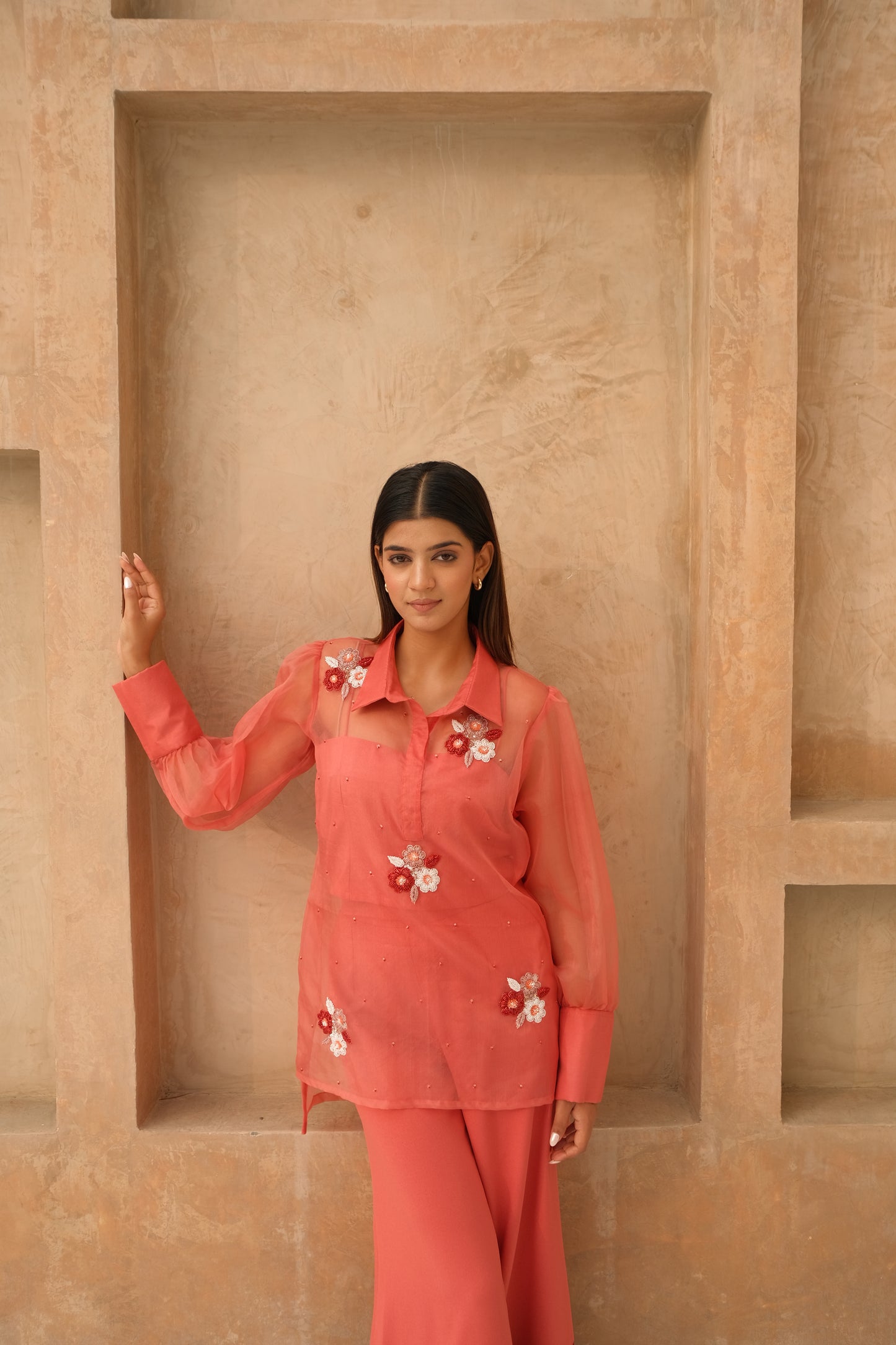 Floral embellished co-ord set with color blocking pant