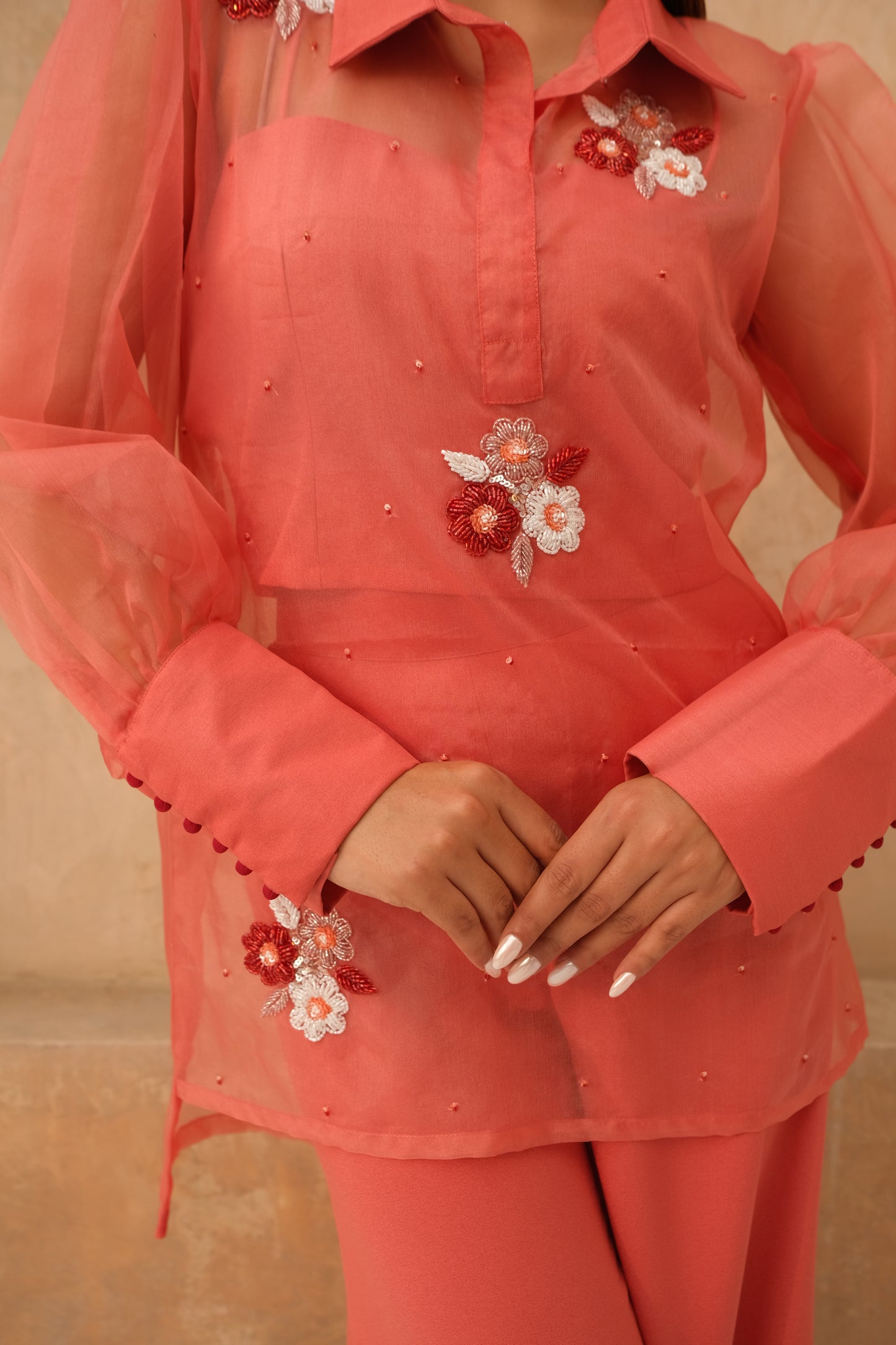 Floral embellished co-ord set with color blocking pant