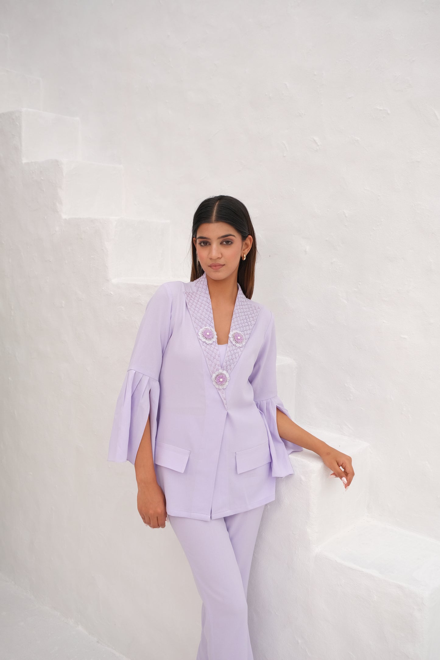 Lilac Embellished lapel collar co-ord set