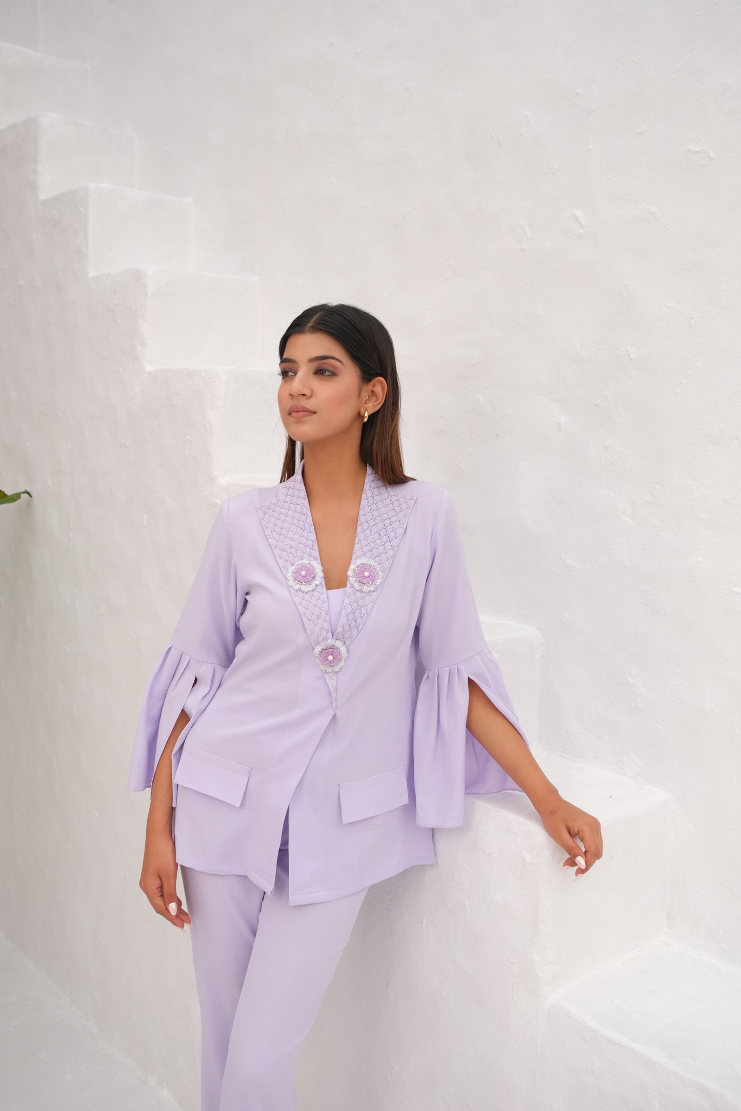 Lilac Embellished lapel collar co-ord set