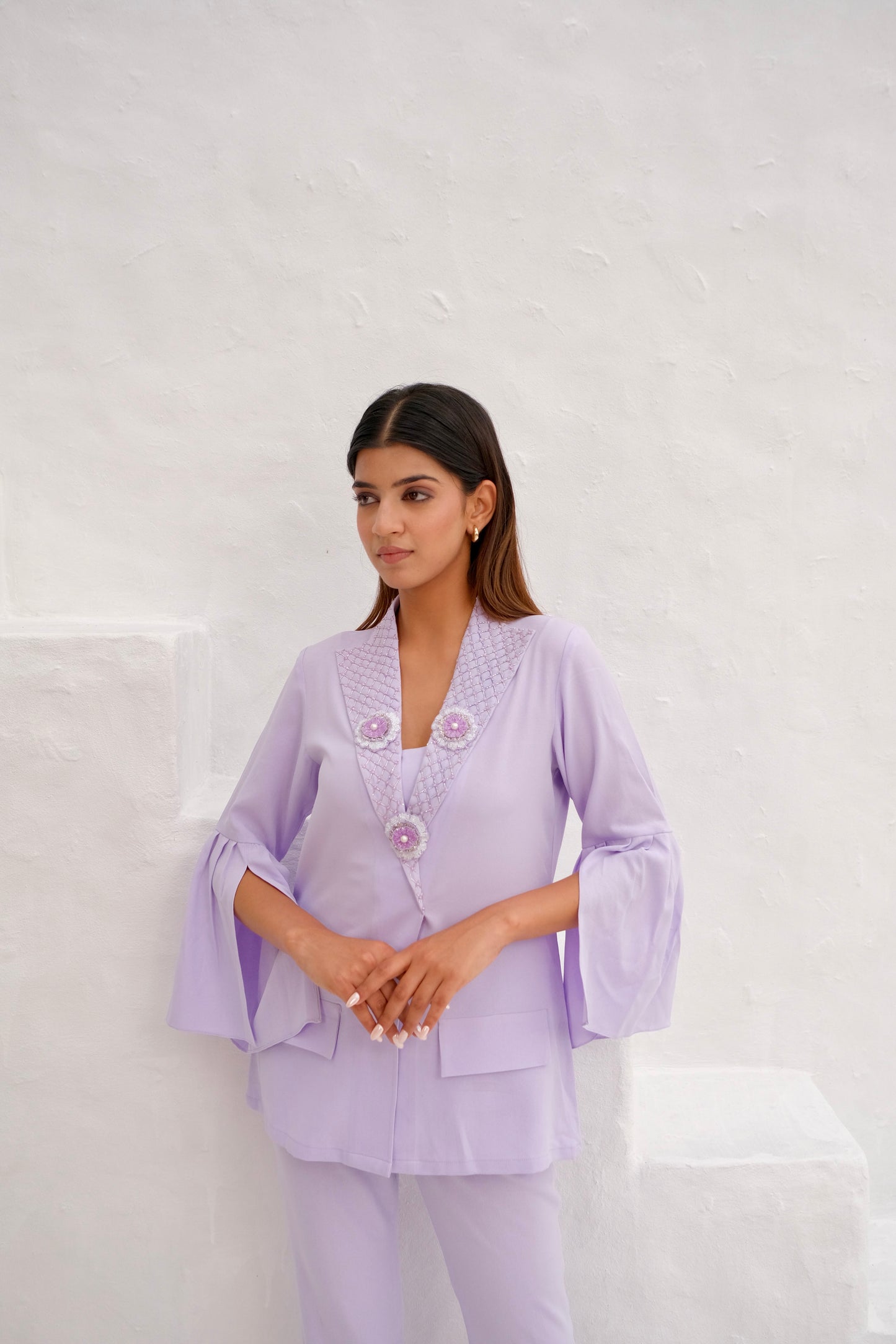 Lilac Embellished lapel collar co-ord set