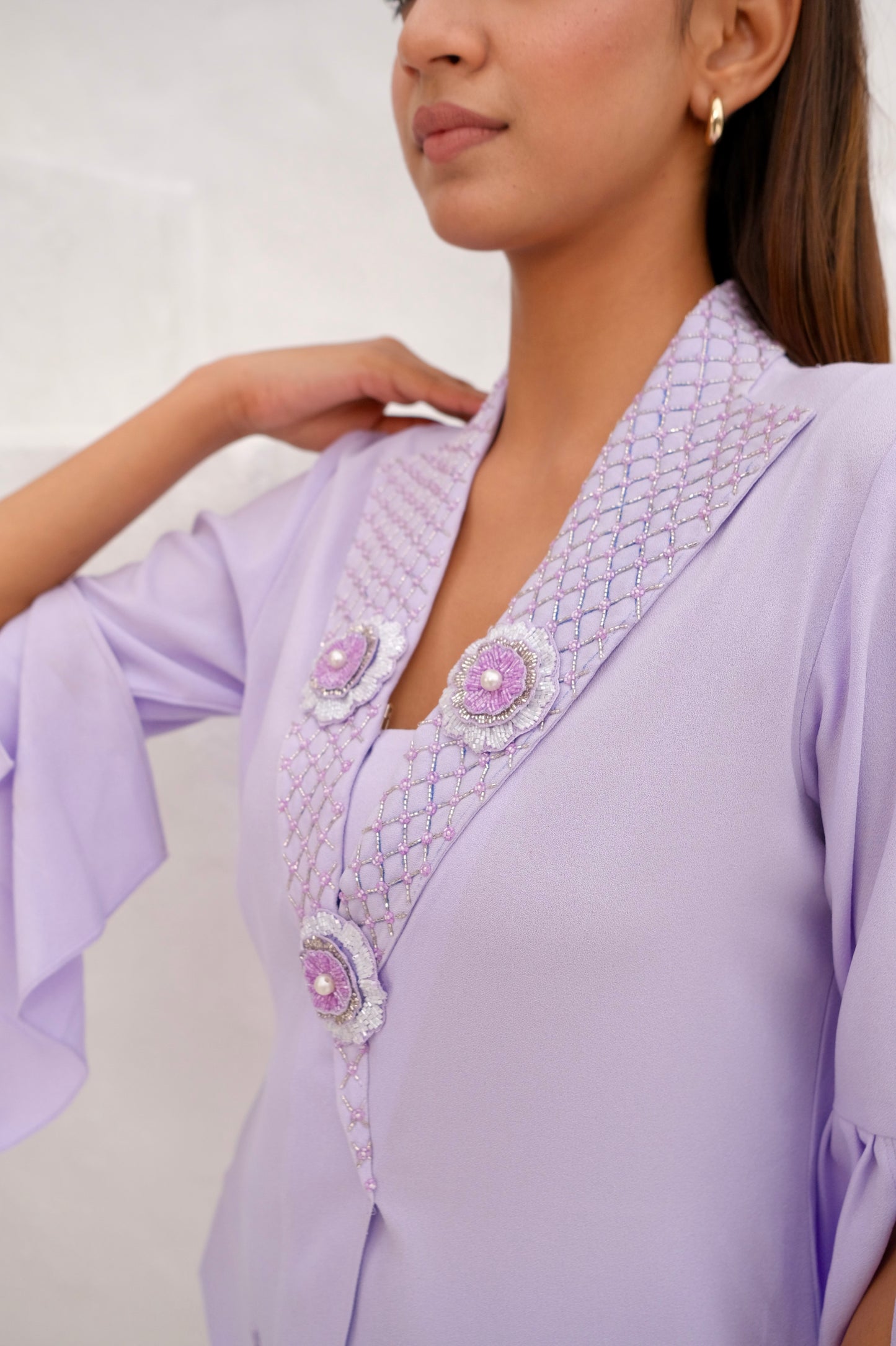 Lilac Embellished lapel collar co-ord set