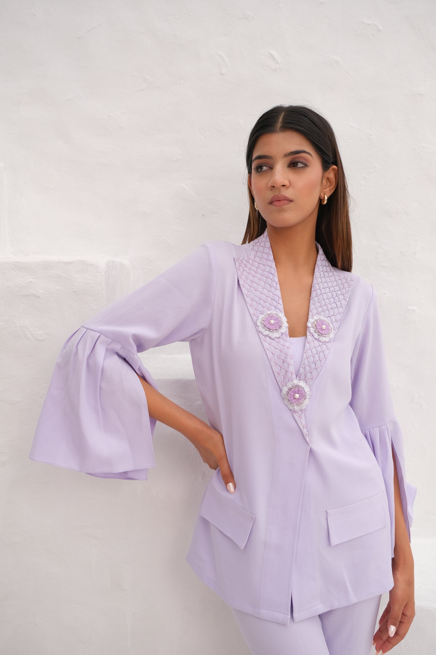Lilac Embellished lapel collar co-ord set