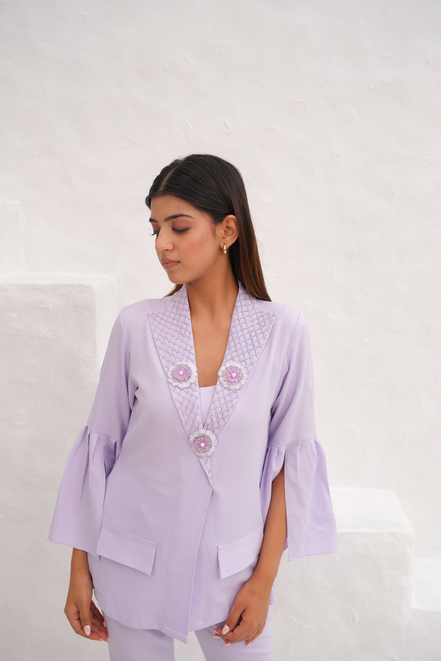 Lilac Embellished lapel collar co-ord set