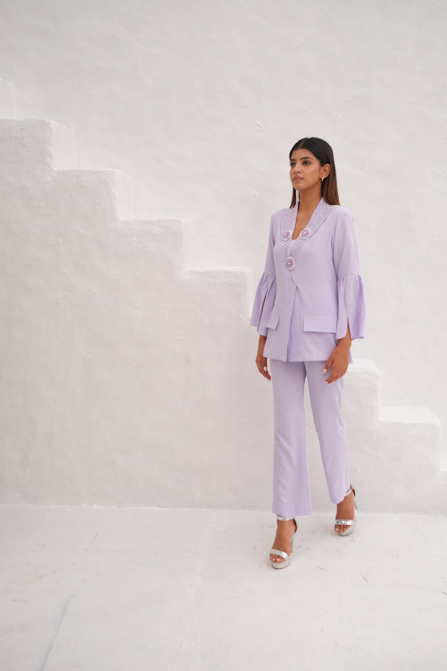 Lilac Embellished lapel collar co-ord set