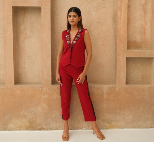 Embroidered Maroon collar co-ord set