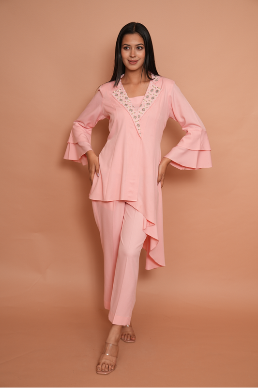 Asymmetrical plush pink set (indowestern)