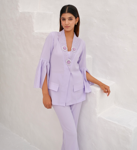 Lilac Embellished lapel collar co-ord set