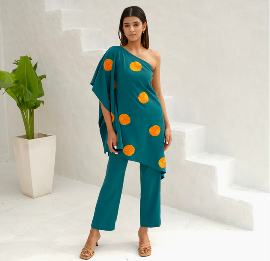 Teal green Floral embroidered kaftan co-ord set