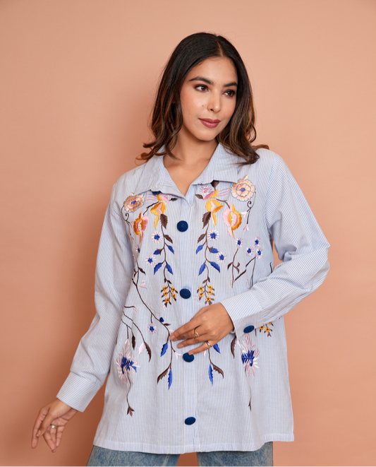 Striped blue embroidered shirt