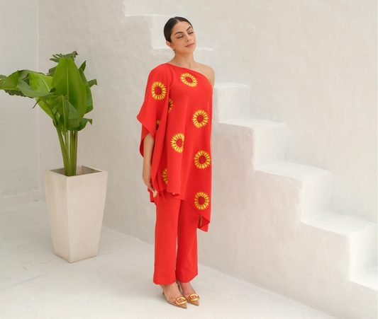 Orange Floral embroidered kaftan co-ord set
