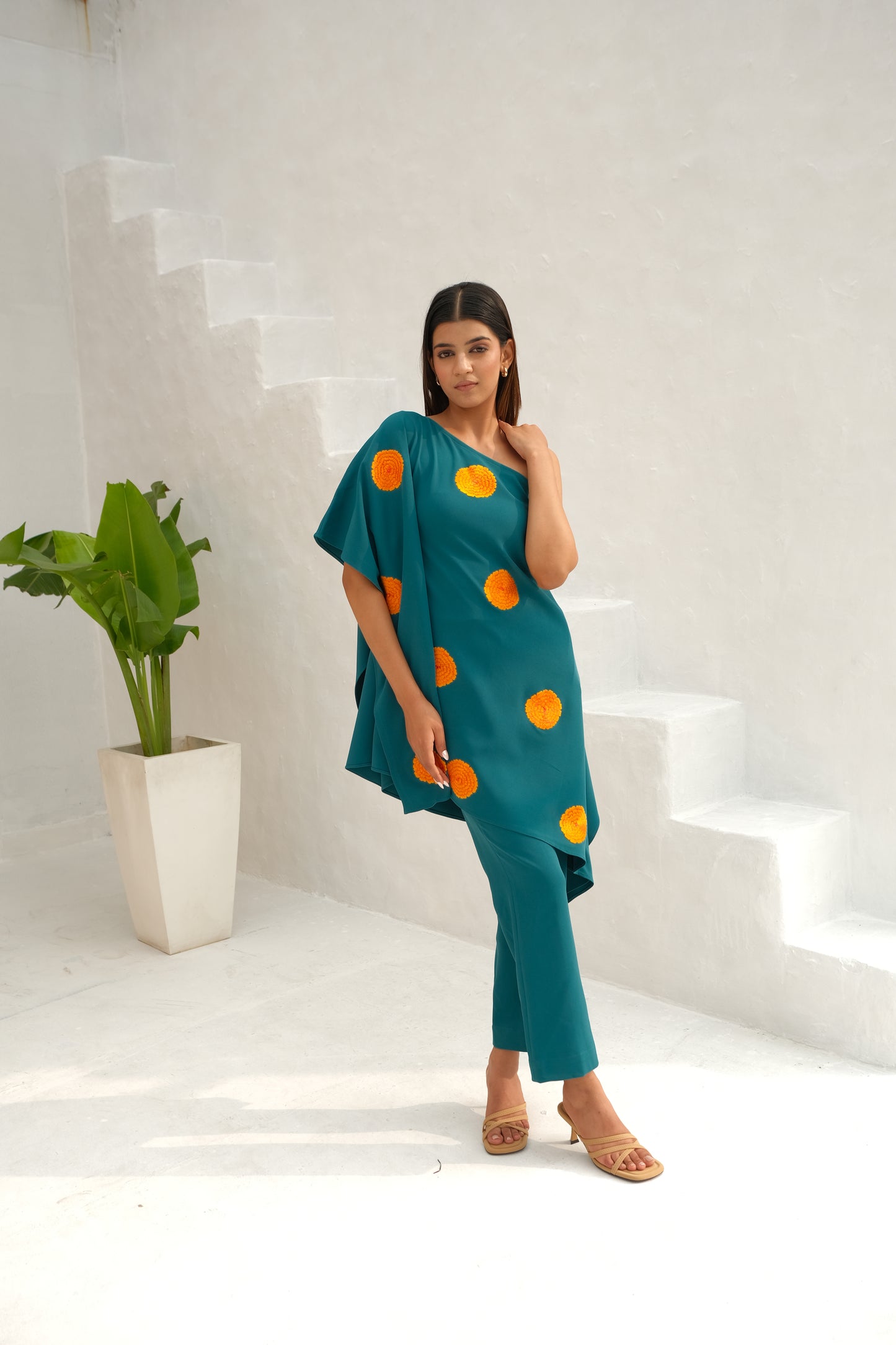 Teal green Floral embroidered kaftan co-ord set