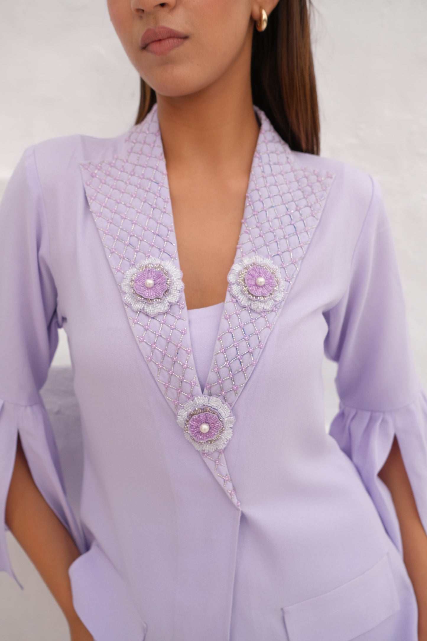 Embellished lapel collar co-ord set with 3d flowers